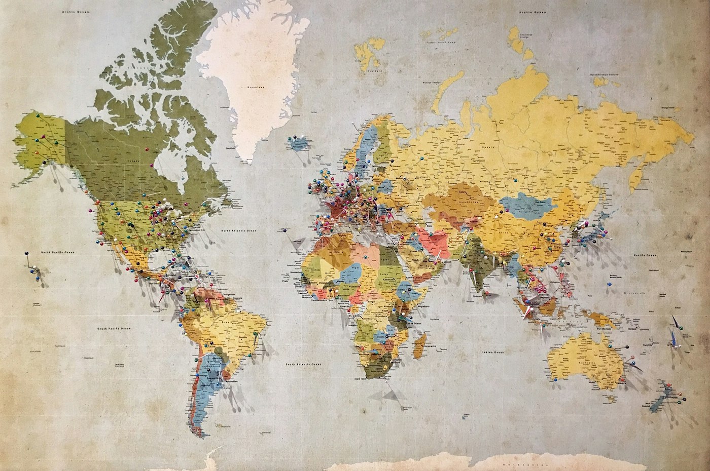 Photograph of a paper world map from the supplied theme